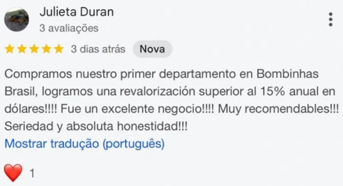 Avaliação de Julieta Duran no Google: 5 estrelas, revalorização superior a 15% ao ano em dólares